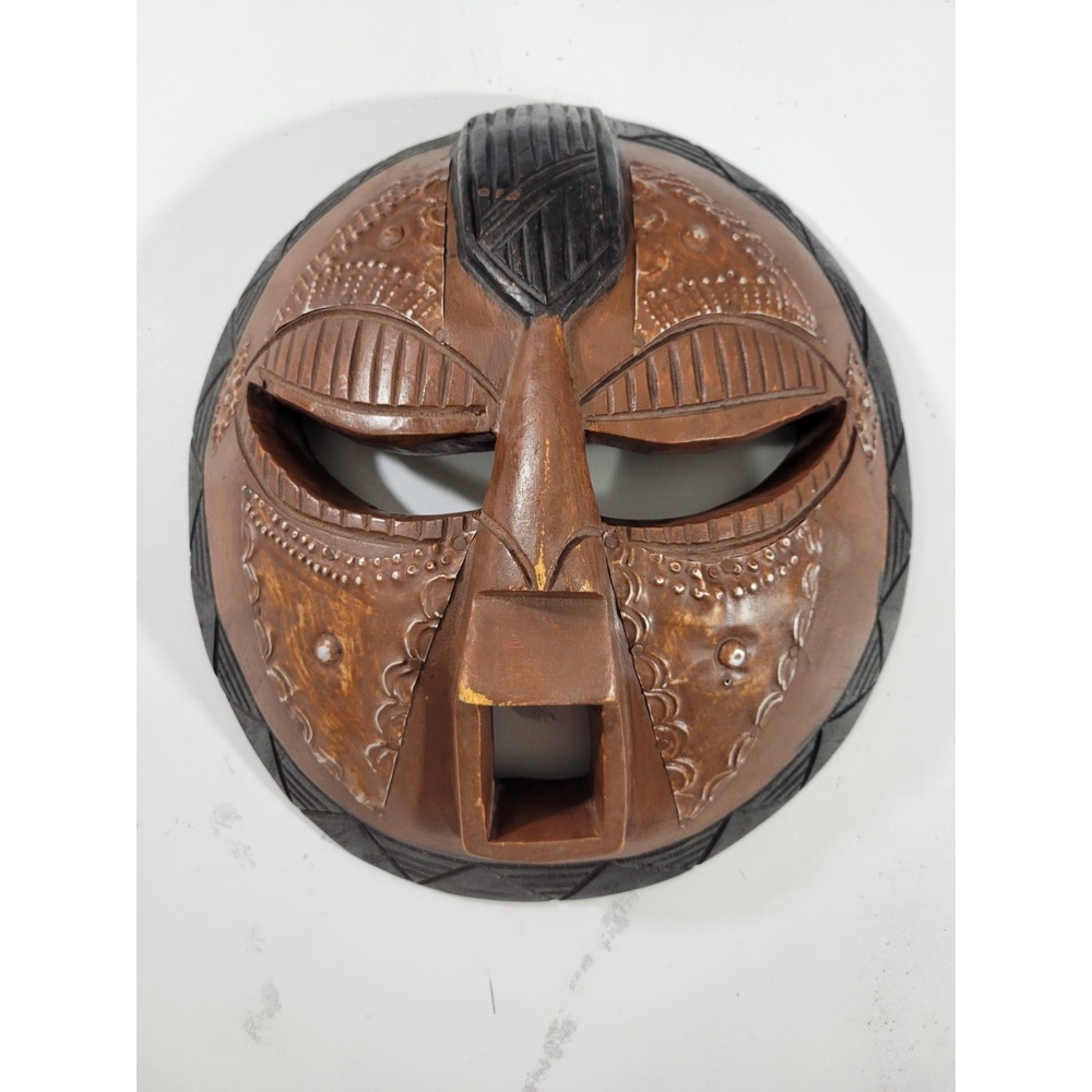 African Wooden Tribal Mask Round Face Black Brown Ghana Souvenir Wall Decor 11"